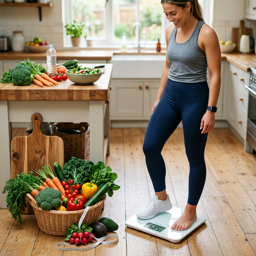 Woman standing on a digital scale in kitchen with basket of fresh vegetables and cutting board
